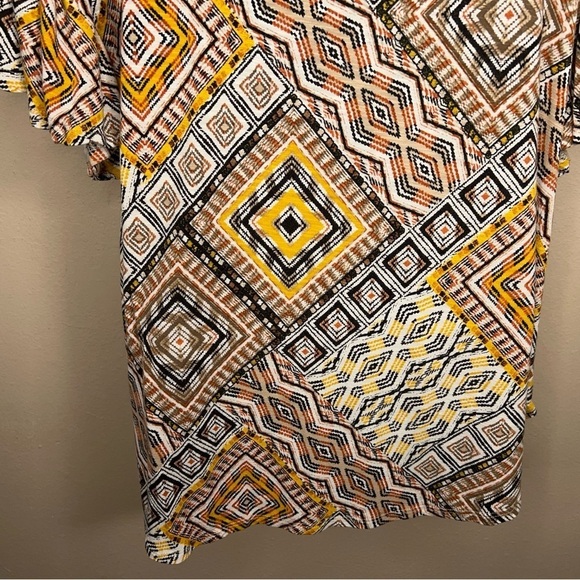 MEDIUM RUBY RD TRIBAL GEOMETRIC TOP SHORT SLEEVE ORANGE GOLDEN YELLOW BOHO - Picture 8 of 11